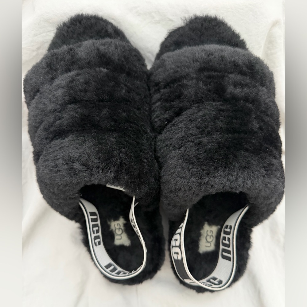 UGG Black Fluffy Slides with Logo Strap